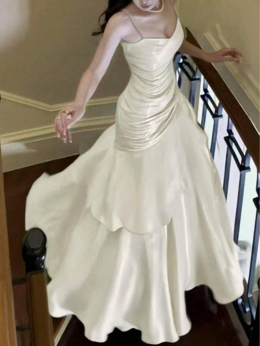 优雅珍珠荷叶边下摆正式晚礼服，修身伴娘礼服，返校舞会礼服，鸡尾酒会礼服，秋季音乐会礼服，万圣节/圣诞节仙气飘飘的服装 - 杏色 - 查看 1