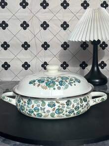 1 套 24 厘米/9.45 英寸多用途超厚花卉珐琅烤盘、煎锅、双柄珐琅盖 - 非常适合户外派对、炖菜、汤锅和盛菜盘，适合盛放食物、小吃、水果、寿司、披萨和甜点，可用于燃气灶和电磁炉或壁炉和火坑，可作为礼物赠送给朋友和家人