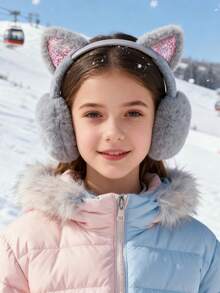 Cute Cat Ear Earmuffs For Teen Girls - Foldable Winter Ear Warmers, Sparkle Sequin Design, Solid Color, Polyester, Suitable For Ages 15+ - Multicolor - View 3