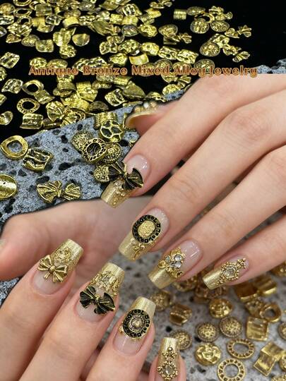 KIRAME KIRAME 30pcs/50pcs/100pcs Baroque Vintage Antique Bronze Open Rings/Hearts/Bows Textured Metal Nail Art Charms,DIY Nail Art At Home,Nails Salon,Nail Supplies,Halloween,Christmas,Festival Gift