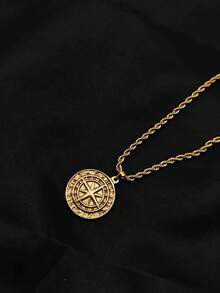 1pc 18K Gold Plated Stainless Steel Viking Compass Pendant Necklace, Herringbone Chain For Men - Yellow Gold - View 5