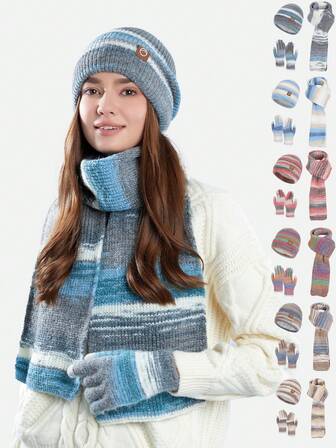 3pcs/2pcs Women Wool Gradient Color Hat, Scarf And Gloves Set, Thermal Lined Knitted Hat, Warm Accessories For Skiing, Cycling, Hiking, Suitable For Daily Wear, Winter, Christmas Gift, Random Gradient Colors