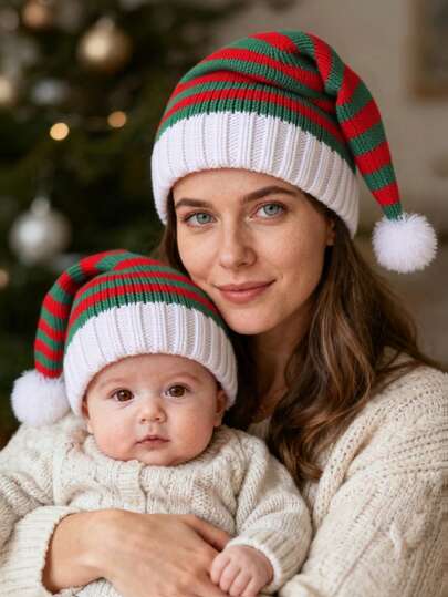 1/2pcs Parent-Child Winter Warm Striped Knitted Christmas Hat, Suitable For Holiday Decoration And Party Gifts Unisex Beanie Santa Hat
