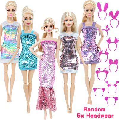 10-Piece Set Of Doll Clothing And Accessories, Including 5 Shimmery Dress Outfits And 5 Random Headpieces, Suitable For Dolls Measuring 11.5 Inches In Size (Excluding The Doll Itself).
