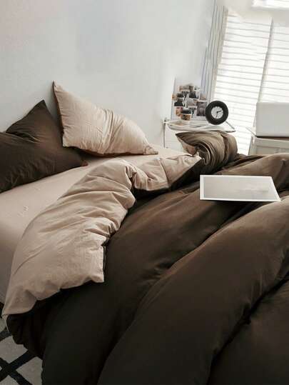 3 件套柔软舒适羽绒被套装（1 个羽绒被套 + 2 个枕套），棕色和卡其色双色，可机洗，适合卧室和客房，四季皆宜