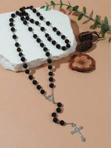 1pc Black & Pink Round Bead & Faux Pearl & Cross Pendant Necklace, Simple Style Sweater Chain