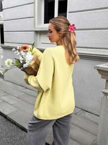 Áo khoác cardigan dệt kim cổ chữ V mới cho mùa Thu/Đông của FOR BEAUTY, tay dài, dáng rộng, thời trang tối giản thanh lịch, phong cách thoải mái thường ngày, phù hợp cho việc đi làm, lựa chọn thời trang mùa xuân lý tưởng cho phái nữ. - Màu vàng - Xem 5