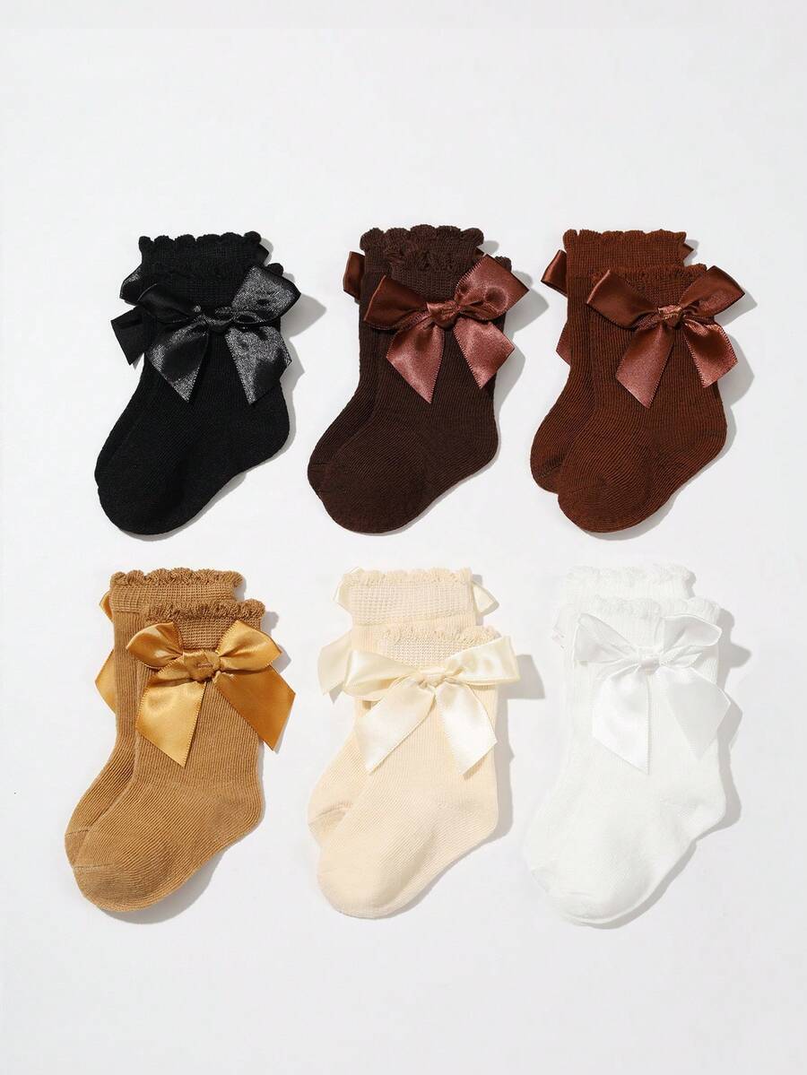 6 Pairs Baby Solid Color Bow Bubble Mouth Warm Mid-Calf Socks, Princess Socks, Autumn/Winter