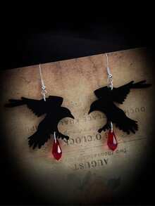 1Pair Gothic Black Crow Pendant Women's Earrings, Black Halloween Jewelry Girls Cool Fashion Accessories, Retro Witch Accessories
