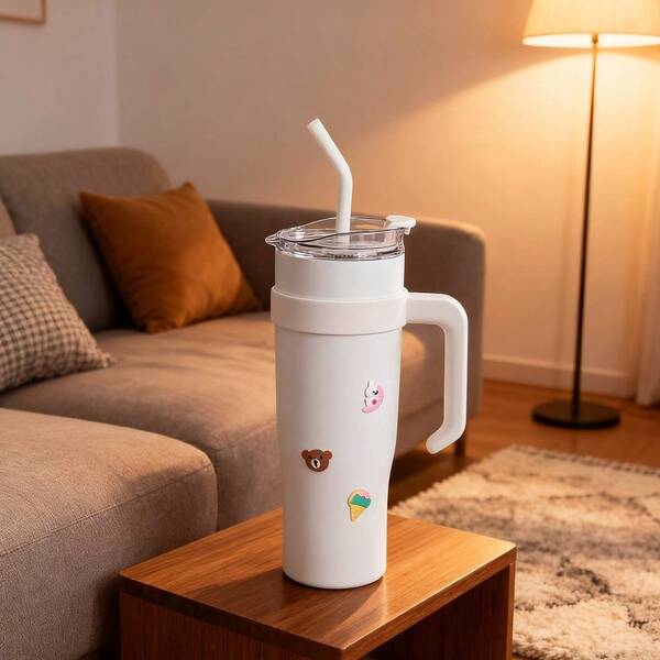 1 Peça 40oz/1200ml Caneca De Aço Inoxidável Para Bebidas Frias Com Alça E Canudo, Caneca De Viagem Para Exteriores, Caneca De Bebida Para Carro, Garrafa De Água, Camping, Caneca De Água Reutilizável Para Viagens, Dar presentes, branco,adesivos 3D grátis