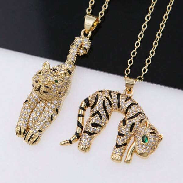 Green Eye Black Striped Tiger Pendant Necklace, Copper Inlaid CZ, Masculine & Stylish Jewelry For Men, Suitable For Daily Wear And Holiday Gifts