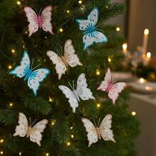 6Pcs New Christmas Decor Butterflies Christmas Tree Hanging Decor Glitter Simulation Butterfly Scene Ambience Arrangement Decor Home Decor Christmas Decorations Room Decor Winter