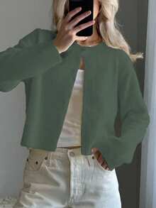 Women's Solid Color Round Neck Button Long Sleeve Knit Cardigan Sweater, Christmas & New Year