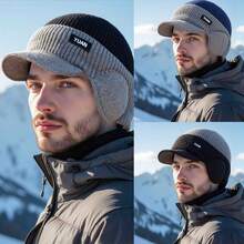 Gestrickte Mütze für Herren und Damen - mit Schirm und Ohrklappen, farblich abgesetztes Design - Streetwear-Stil, leicht dehnbares Material, warme Mütze für Outdoor-Aktivitäten, gestricktes Material, ideal für Reisen bei Kälte.