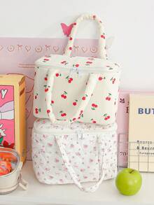 1Pc Cherry &Strawberry Floral Pattern Girls Lunch Bag ,Large Capacity Portable Inner Aluminum Foil Insulation Zipper Semi-Closed Lunch Box Bag Work Commute With Lunch Handbag Back To School Lunch Kit School Stuff For School Lunch Box Bag Home Essentials Back To School Portable Lunch Bag Thermal Insulated Lunch Box Bento Pouch Dinner Insulation Bag Cooler Bag Waterproof For Women For Men For Picnic Gifts For Women - Multicolor - View 4