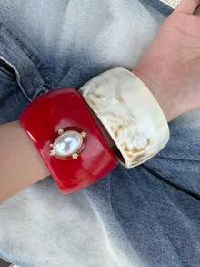 3pcs Vintage Style Valentine's Day Carnival Holiday Red & Black Wide Asymmetrical Resin Bracelets With Pearl Decor, Brushed Gold Bracelets, Women's Fashion Jewelry, Best Gift Choice For Eid, Perfect Gift For Mom, Daughter, Sister Or Girlfriend On Valentine's Day, Birthday, Christmas And Anniversary - Multicolor - View 12