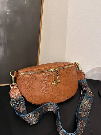 1pc Brown Pressed Floral Pu Fashionable Shoulder, Cross-body, Chest Bag, Waist Bag Suitable For Women Everyday Use, Dates Gift