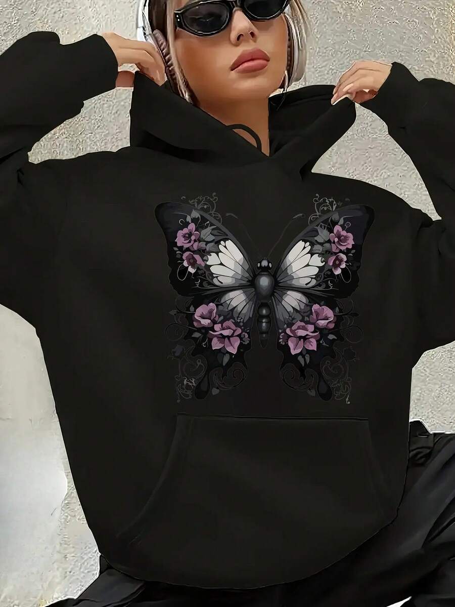 Women'S & Men'S Large Oversized Hooded Sweatshirt - Black Floral Sunflower Print With Orange/Yellow/Beige/Brown/White - Soft Fabric, Cozy Casual Pullover, Unisex Long Sleeve Hoodie For Spring/Fall, Plus Size Casual Attire, Machine Washable, Great Gift For Men & Women - Relaxed Fit, Drawstring Hood, Front Pocket, Vibrant Sunflower Design, Versatile For Casual Outings & Lounging, Sweatshirt For Women Plus Size, Plus Size Sweatshirt For Women, Sweater For Women Plus Size, Fall Plus Size - 111 - 查看 1