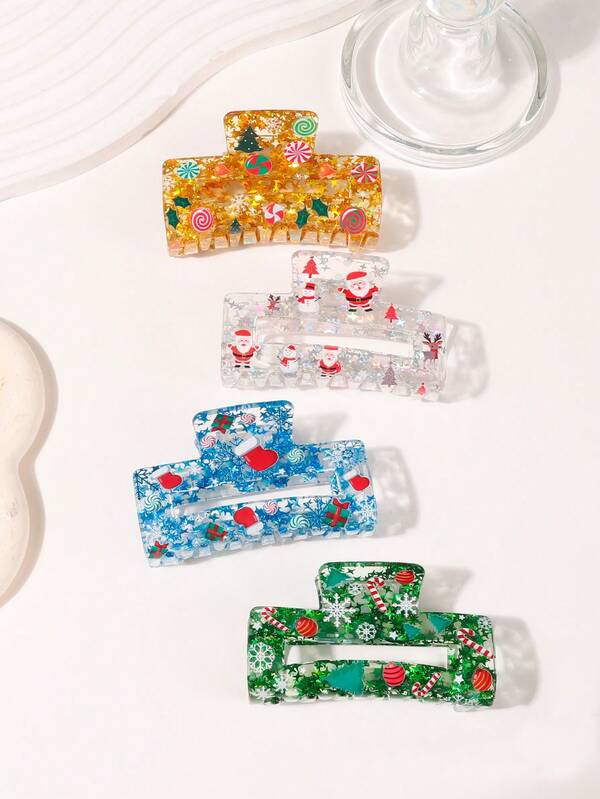 1Pc Christmas Themed Acrylic Hair Clip, Sparkling Sequins, Santa Claus And Christmas Stocking Prints, Square, Medium Size, Elegant And Cute Style, Suitable For Ladies And Teenagers. Winter Hair Accessories Fashion Hair Clutch Elegant Claw Clips