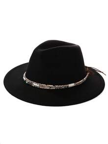 1pc Bohemian Style Faux Leather Decor Felt Fedora Hat, Soft Brim, Unisex Fashion For Work And Commute, Suitable For Autumn And Winter