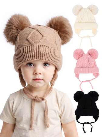 1PC Solid Rhombus Pattern Baby Crochet Hat With POMPOM Balls,Autumn Winter Toddlers Boys And Girls Daily Leisure Cold-Proof Warm Hats With Ears Cap