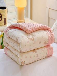 1pc Cartoon Print Knitted Fabric & Velvet Pom-Pom Comforter, Quilted Duvet, All Season Down Alternative Bedding, With Corner Ties, Warm & Soft Quilting Technique, Suitable For Bedroom, Guest Room - Pink - View 2