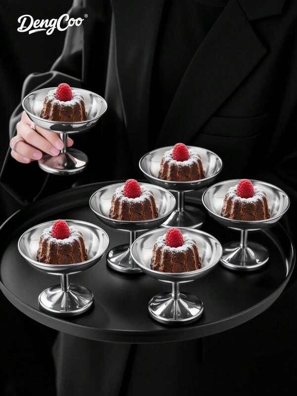 Dengcoo 1Pc Stainless Steel High-Footed Dinner Plate, Metal Dessert Cups/Bowls For Serving Pudding, Ice Cream & Snacks, Food Trays, Suitable For Family Kitchens, Picnics And Dessert Shops