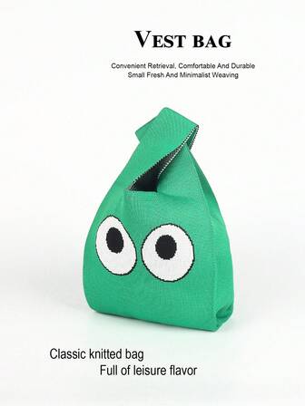 1pc Mini Lightweight Foldable Cute Cartoon Colorblock Breathable Knitted Handbag Wristlet, Suitable For Vacation, Photo Shoot, School For Girls