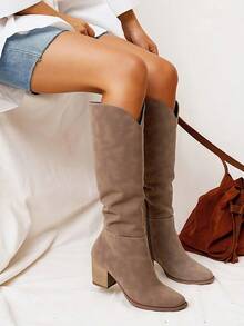 Women's Pointed Toe Chunky Heel Boots Knee High Leather Boots Fall Style Boots Brown Tall Boots With Half Side Zipper - 棕色 - 查看 1