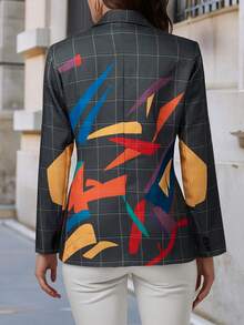 HOMEYEE Long Sleeve Printed Blazer Style Top, Vintage Elegant Casual Resort Business Office OL Jacket, Suitable For Spring, Summer, Autumn, Winter - Màu xám đen - Xem 3