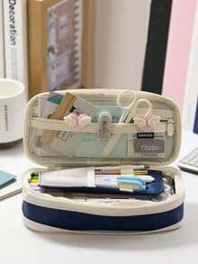 Macaroon Color Splicing Pencil Case, Stationery Box, Storage Bag, Gift , Students, Boys And Girls Back To School,Back To School,School Supplies,Pencil Pouch,School Bag - 黑色 - 查看 5