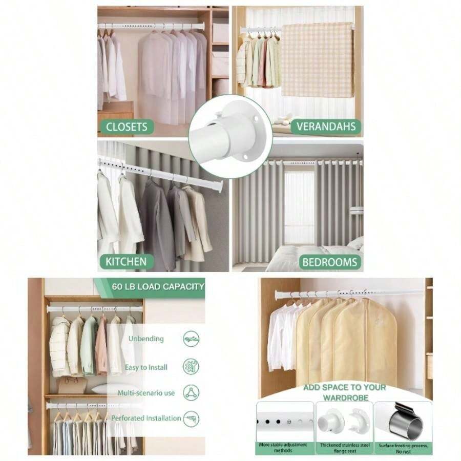 Closet Rods Hanging Clothes, 1.3 Inch Diameter Heavy Duty Closet Rod 17 - 39 Inch Adjustable Clothes Hanging Bar Matte White Shower Curtain Rods Closet, Wardrobes, Bathroom,