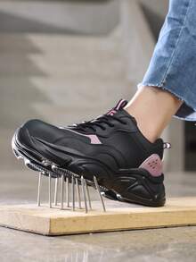 GUYISA Zapatos de seguridad para mujer con puntera de acero, anti-aplastamiento, anti-perforación, ligeros, color negro y rosa, superficie de cuero de moda, impermeables, suela de goma, adecuados para todas las estaciones