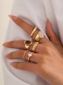 6pcs/Set Boho Retro Multilayer Glass Rhinestone Embellished Rings, Chunky Jewelry Set For Women, Daily Wear And Vacation Decoration, Ideal Gift For Friends - Multicolor - View 5