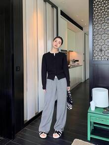 Nuevo cárdigan de punto de manga larga con cuello redondo, holgado y cómodo para primavera y otoño para mujer, cárdigan corto, suéter, chaqueta cárdigan negra