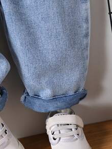 Peto vaquero informal de unicolor para bebé niño con bolsillos, pantalones cargo de mezclilla cómodos para bebé niño con parche de oso, ideal para actividades al aire libre - Azul y blanco - Ver 5