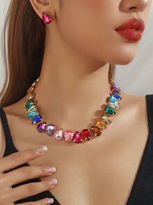 قلادة بلورية شكل قطرة ماء فوشيا وزهري، طقم إكسسوارات رسمي يشمل زوج من أقراط قطرة ماء فوشيا وزهري من الأكريليك