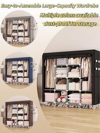 1 pieza Armario de tela de gran capacidad con soporte de tubo de metal reforzado, almacenamiento de múltiples capas muy duradero para ropa, mantas, artículos varios, funda antipolvo para un dormitorio ordenado, adecuado para alquiler y uso doméstico