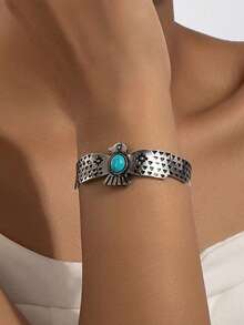 1pc Vintage Silver Plated Blue Stone Bangle Bracelet, Fashionable & Elegant, Suitable For Parties, Banquets And Daily Wear