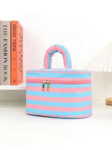 1pc Striped Portable Cosmetic Bag With Handle, Large Capacity Travel Toiletry Organizer With Zipper Closure, Cute Makeup Bag For Women And Girls With Compartments, Travel Cosmetic Bag With Zippered Mesh Pocket And Adjustable Dividers Toiletry Bag, Perfect For Daily Use, Dorm Or Holiday Travel Make Up Bag - Multicolor - View 9