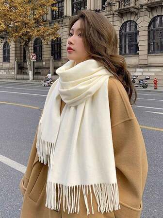 1pc Solid Color Casual Elegant Business Party Polyester (Polyester Fiber) Faux Cashmere Warm Scarf With Tassels, Suitable For Autumn/Winter Season, Soft And Warm, Can Be Paired With Dresses