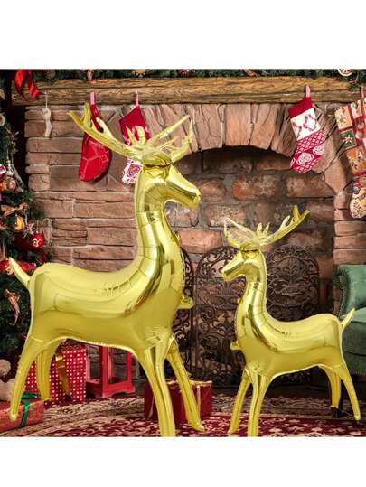 1Set1pcs Christmas Standing Elk Balloon 1 Large 1 Small Golden Gradient Color White Suitable For Christmas Decoration Christmas Party Decor/Some Accessories, Colors, Written Words, Patterns, Shapes Are Random