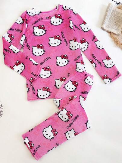 Sanrio 2pcs/Set Sanrio Cute Hello Kitty Soft Plush Pajamas, Cartoon Print Thickened Women Long Pants + Top, Fuchsia Fleece Warm Casual Homewear Set, Suitable For Spring, Autumn & Winter, Cartoon Animation Pattern, Fashion Party Gift, Suitable For Friends, Girlfriends, Couples, Back To School, Thanksgiving, New Year Holiday