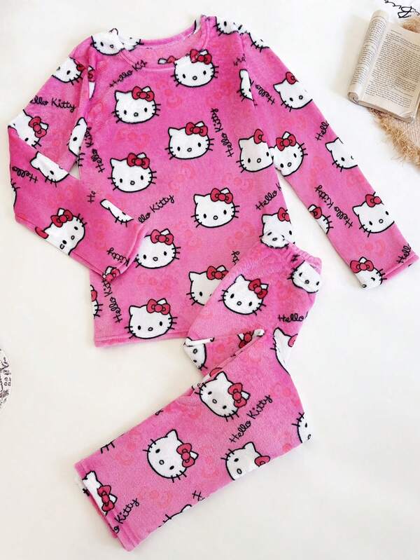 Sanrio 2pcs/Set Sanrio Cute Hello Kitty Soft Plush Pajamas, Cartoon Print Thickened Women Long Pants And Top, Fuchsia Fleece Warm Casual Homewear Set, Suitable For Spring, Autumn & Winter, Cartoon Animation Pattern, Fashion Party Gift, Suitable For Friends, Girlfriends, Couples, Back To School, Thanksgiving, New Year Holiday, Cozy Clothes