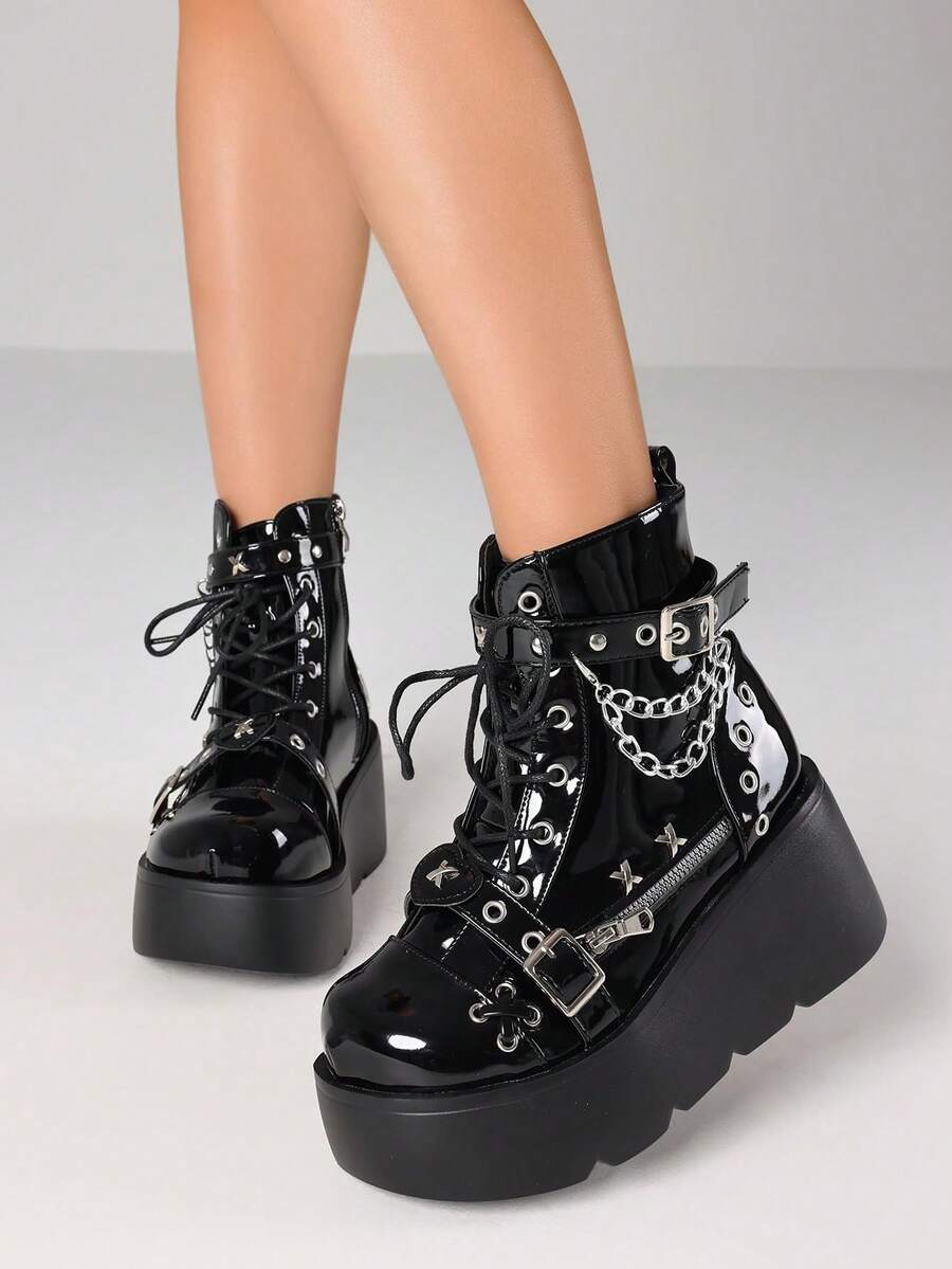 Women's Y2K Goth Thick Bottom Ankle Boots Fashion Punk Buckle Lace-Up Side Zipper Platform Wedges High Heels Street Cosplay Boots Woman - Bằng sáng chế đen - Xem 1