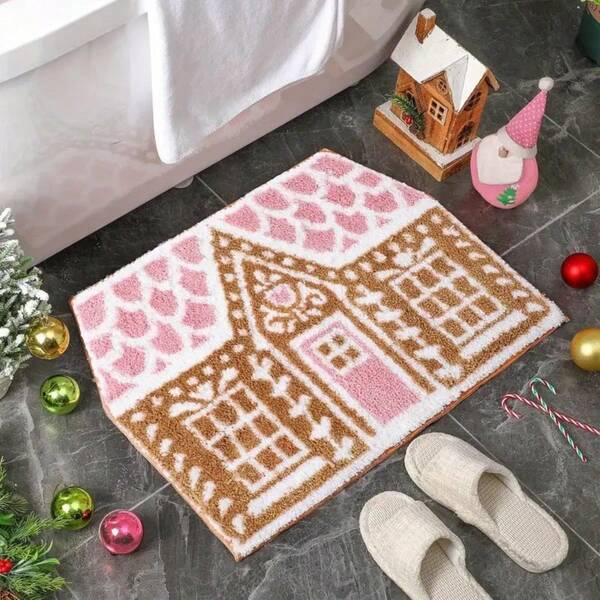 1pc Pink Christmas House Bathroom Mat Carpet, Sweet & Cute Style Girly Carpet, Fluffy Comfortable Faux Wool Carpet, Suitable For Living Room, Bedroom, Entryway, Kitchen, Bedside, Durable & Dust-Proof