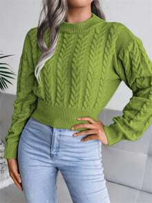 Women's Casual Crew Neck Cable Knit Waist Cinched Long Sleeve Cropped Pullover Sweater, Autumn/Winter