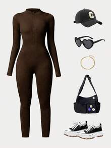 DINBEY Jumpsuit Yoga Lengan Panjang Warna Polos untuk Wanita - Jumpsuit Pembentuk Tubuh untuk Aktivitas Luar Ruangan dengan Resleting dan Fungsi Pengontrol Perut, Mengangkat Bokong dan Melangsingkan Tubuh di Musim Semi - Coffee Brown - View 6