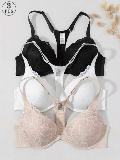 3 件套全覆盖蕾丝拼接钢圈女式文胸，可调节肩带，无缝舒适设计，适合日常和正式场合，可手洗，撞色蕾丝细节，纯色，支撑性好且舒适