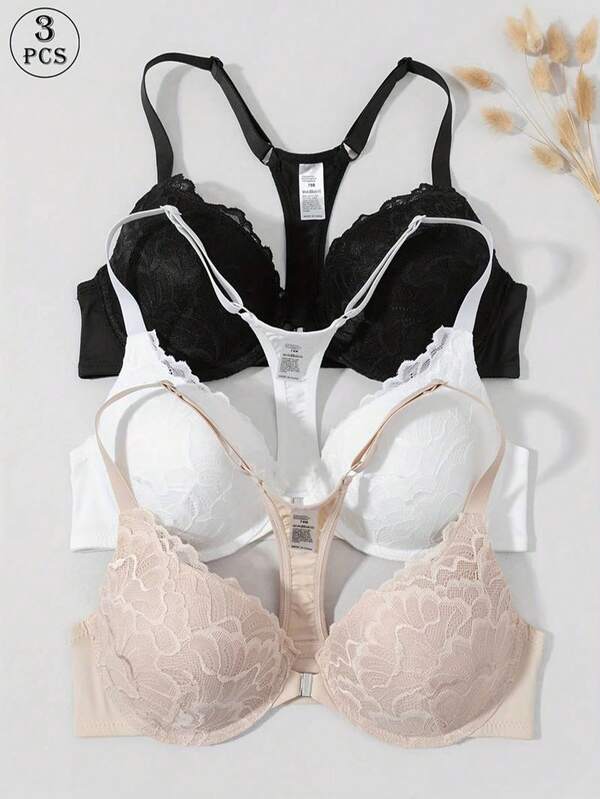 3 piezas Sujetadores con aros con cobertura total y parches de encaje para mujeres, con tirantes ajustables, diseño sin costuras y cómodo, adecuado para uso diario y formal, lavar a mano, detalles de encaje en contraste, unicolor, con soporte y acogedor
